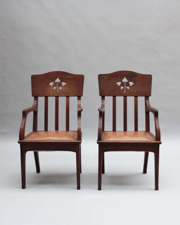 Pair of Fine French Art Nouveau Solid Oak Armchairs by Leon Jallot - Image 4
