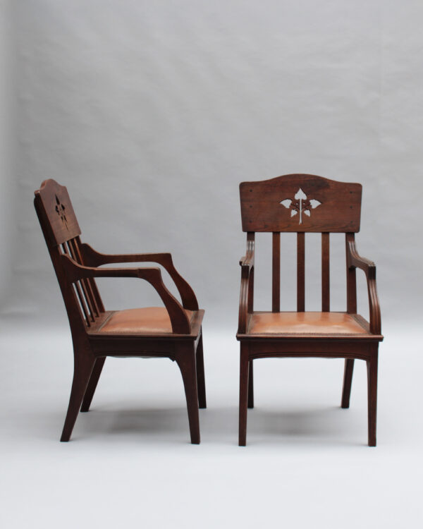 Pair of Fine French Art Nouveau Solid Oak Armchairs by Leon Jallot - Image 3