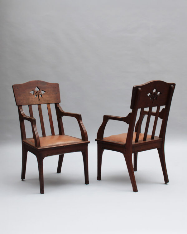 Pair of Fine French Art Nouveau Solid Oak Armchairs by Leon Jallot - Image 2