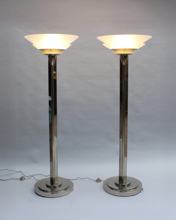 A Pair of Fine French Art Deco Nickel and Glass Floor Lamps by Perzel - Image 2