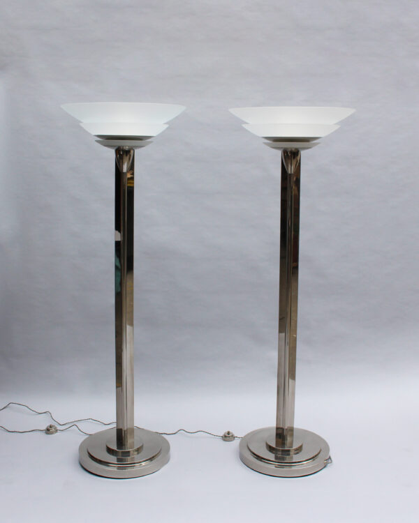 A Pair of Fine French Art Deco Nickel and Glass Floor Lamps by Perzel - Image 20