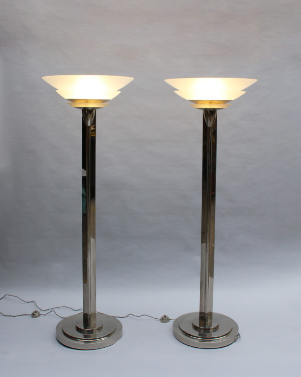 A Pair of Fine French Art Deco Nickel and Glass Floor Lamps by Perzel - Image 21