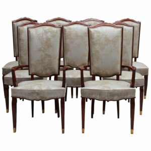 Set of 10 Fine French Art Deco Mahogany Chairs by Jules Leleu (8 Side and 2 Arm)