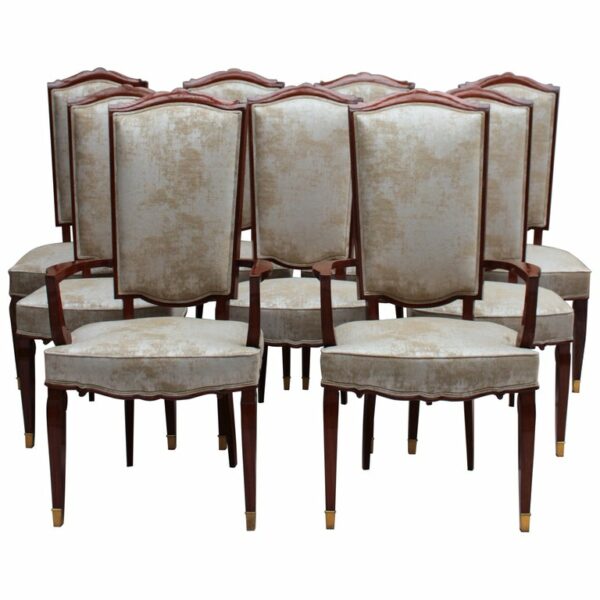 Set of 10 Fine French Art Deco Mahogany Chairs by Jules Leleu (8 Side and 2 Arm)