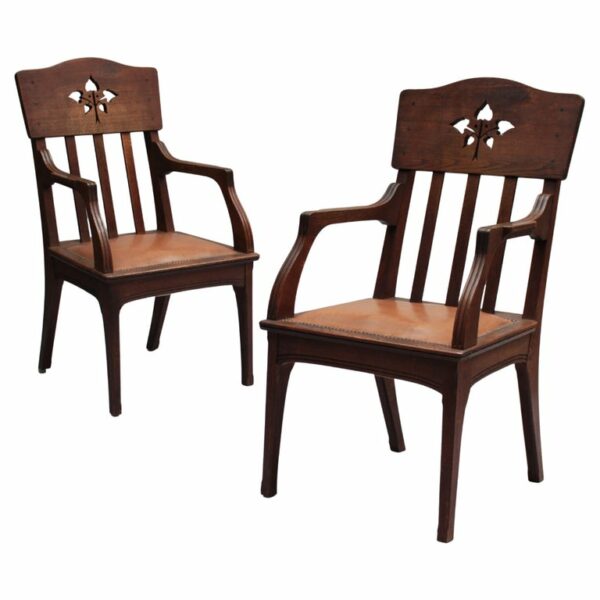 Pair of Fine French Art Nouveau Solid Oak Armchairs by Leon Jallot