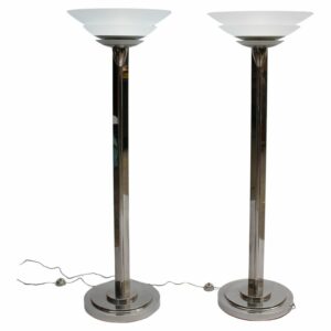A Pair of Fine French Art Deco Nickel and Glass Floor Lamps by Perzel