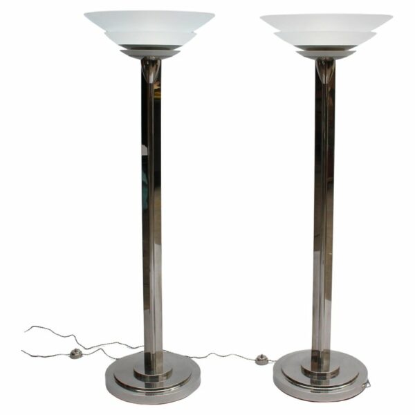 A Pair of Fine French Art Deco Nickel and Glass Floor Lamps by Perzel