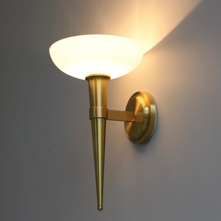 3 Fine French 1950s Glass and Bronze "Torch" Sconces by Atelier Perzel - Image 10