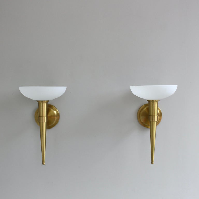 3 Fine French 1950s Glass and Bronze "Torch" Sconces by Atelier Perzel - Image 2