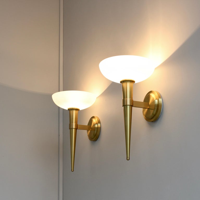 3 Fine French 1950s Glass and Bronze "Torch" Sconces by Atelier Perzel - Image 12