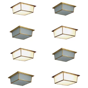 8 Large Fine French Mid-Century Bronze Flush Mounts with Saint-Gobain Glass