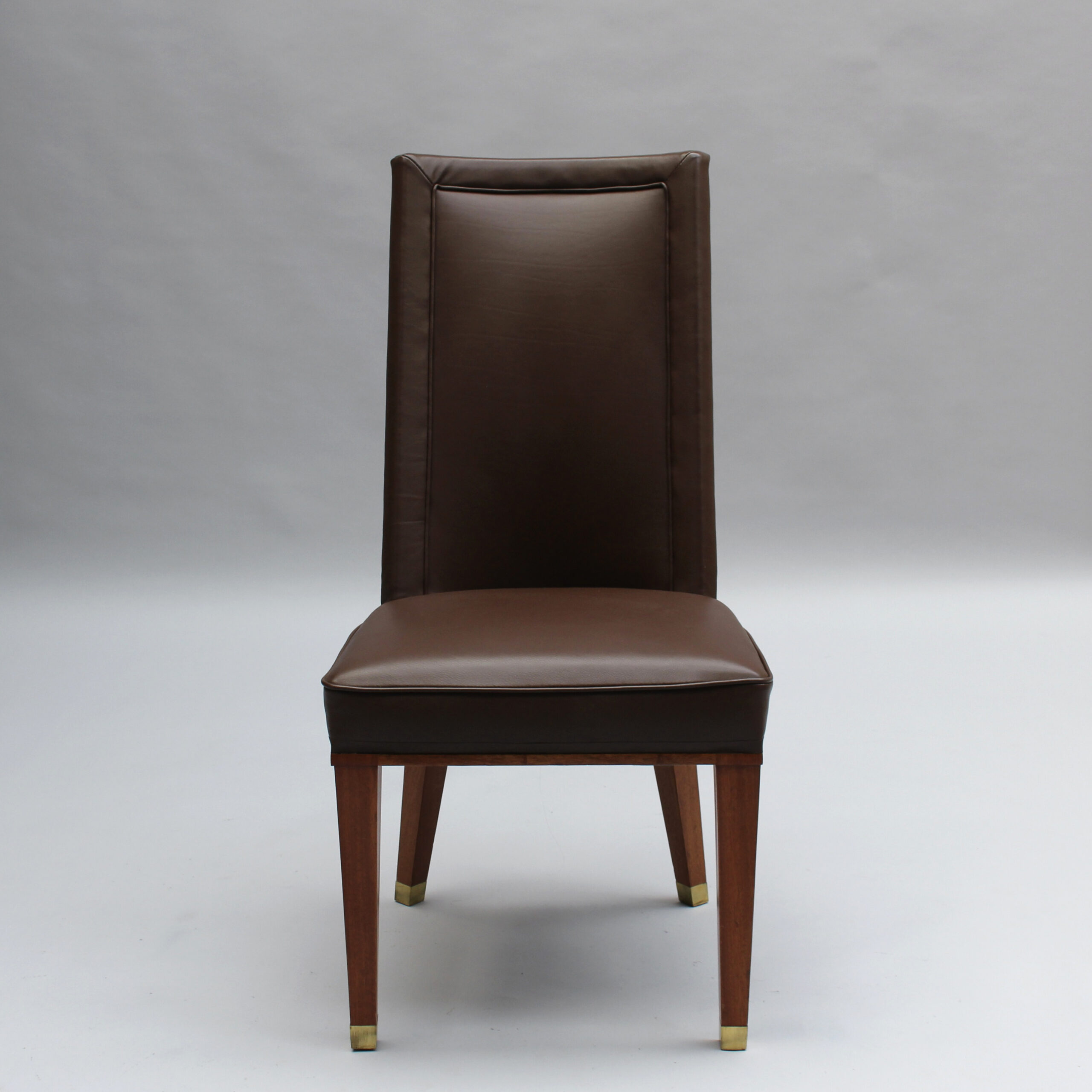 Set of 12 Fine French 1950s Mahogany and Leather Dining Chairs by Jacques Adnet - Image 4
