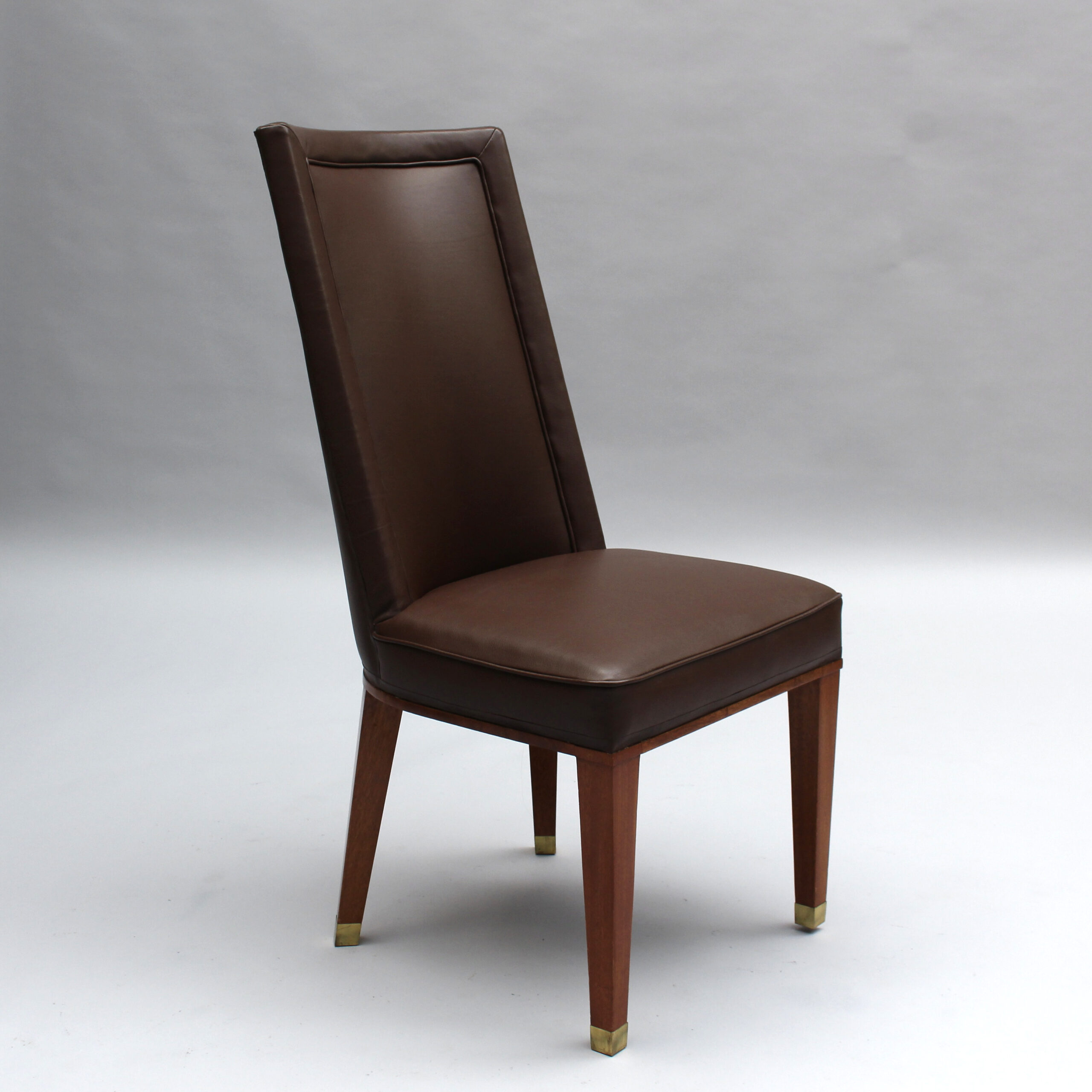 Set of 12 Fine French 1950s Mahogany and Leather Dining Chairs by Jacques Adnet - Image 5