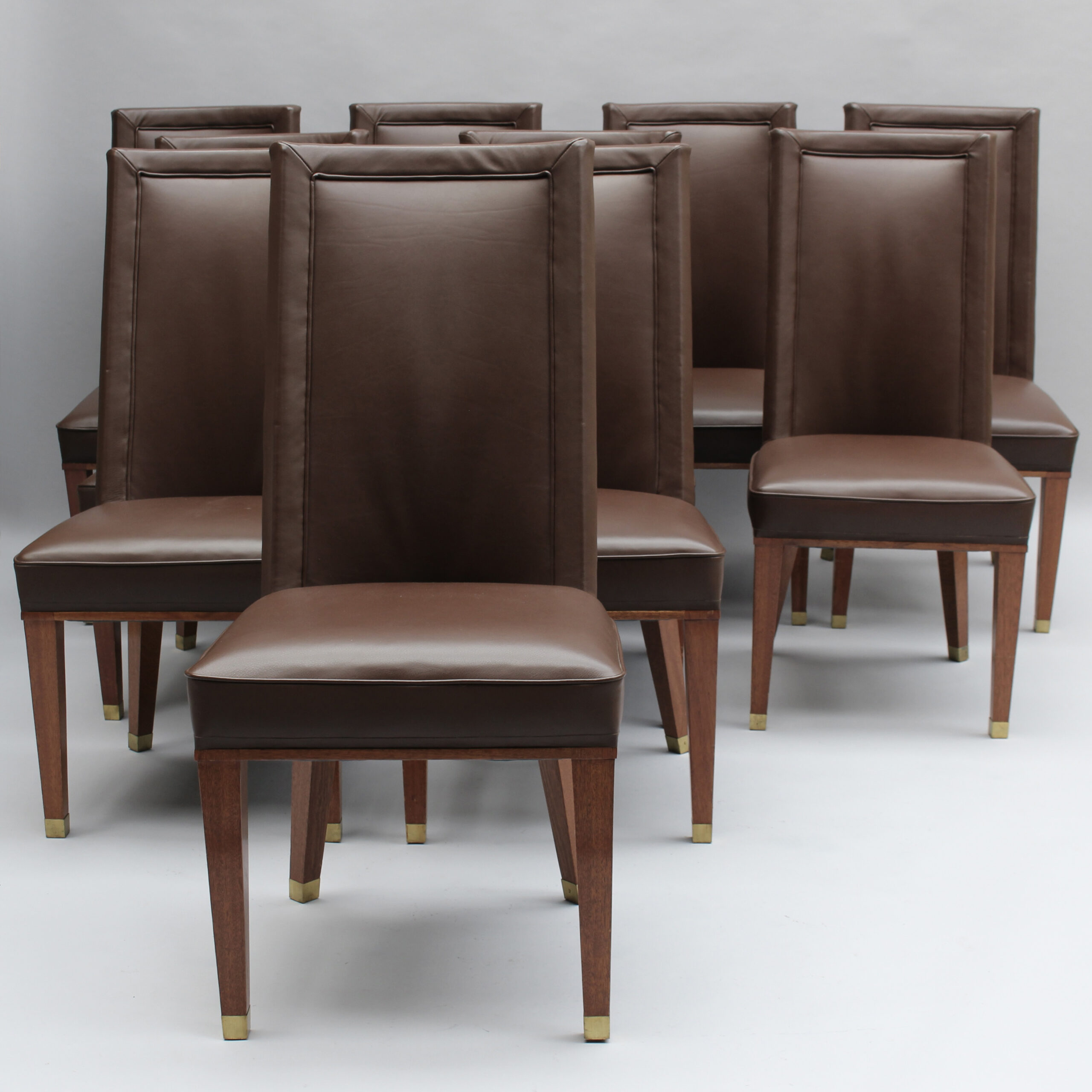 Set of 12 Fine French 1950s Mahogany and Leather Dining Chairs by Jacques Adnet - Image 3