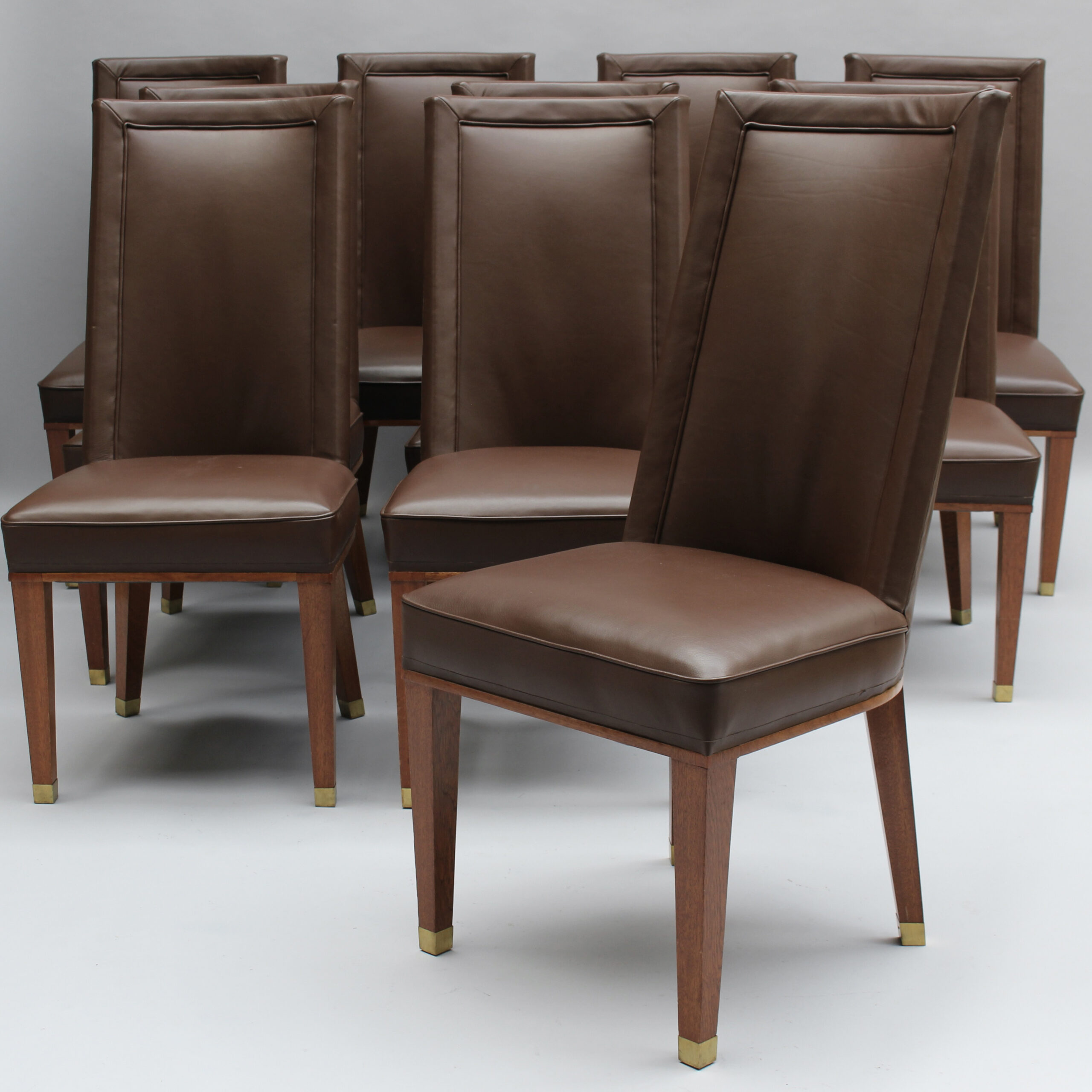 Set of 12 Fine French 1950s Mahogany and Leather Dining Chairs by Jacques Adnet - Image 18