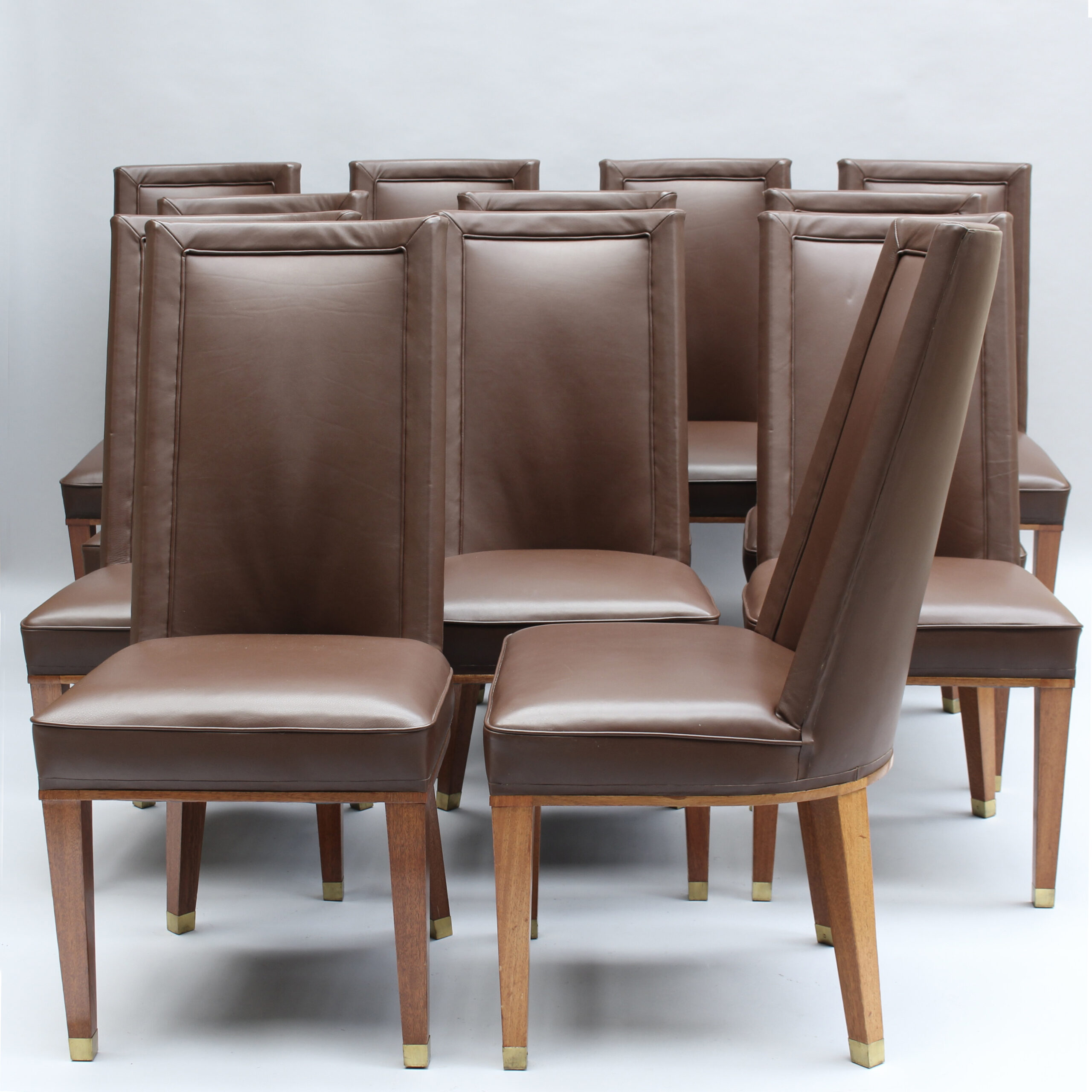 Set of 12 Fine French 1950s Mahogany and Leather Dining Chairs by Jacques Adnet - Image 2
