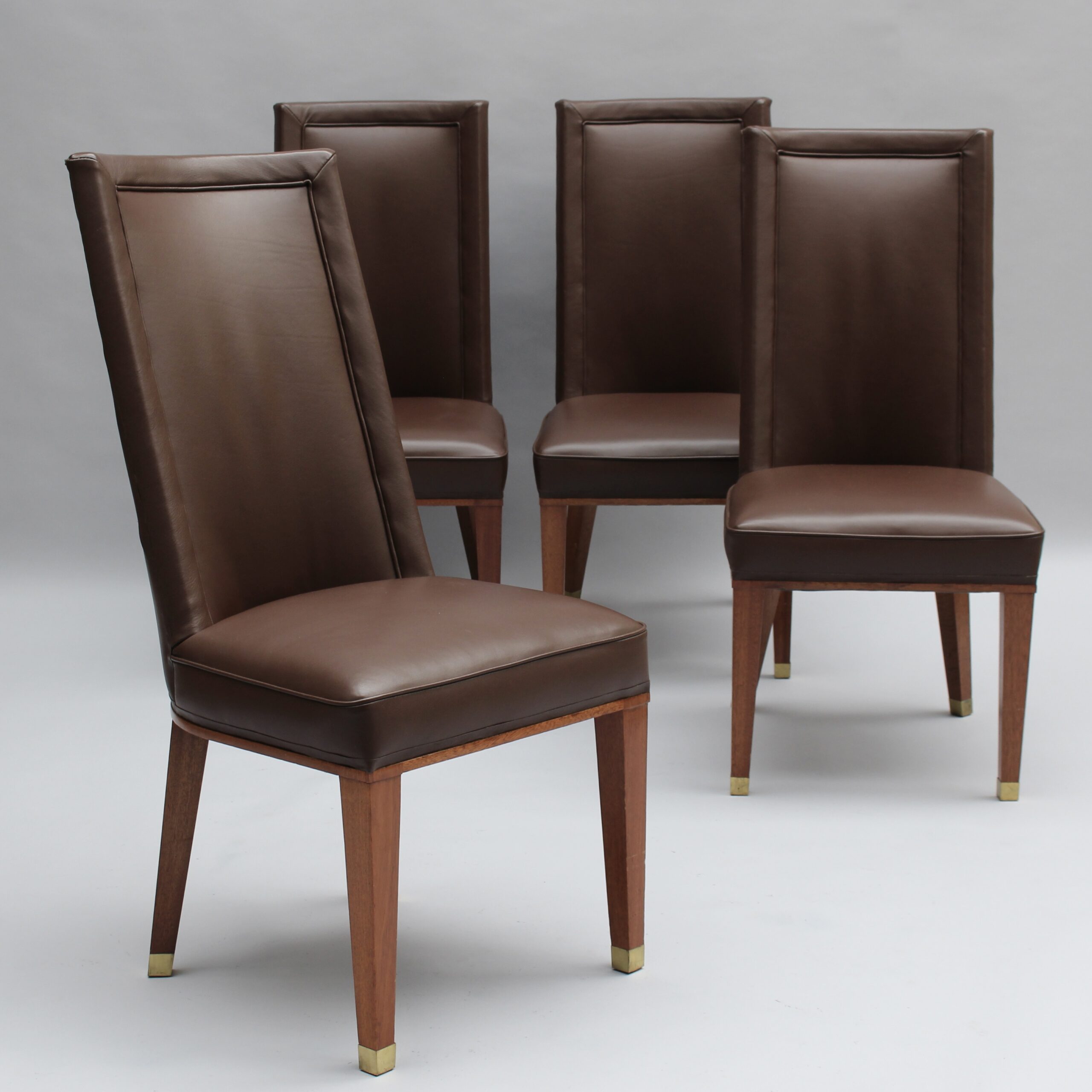 Set of 12 Fine French 1950s Mahogany and Leather Dining Chairs by Jacques Adnet - Image 16