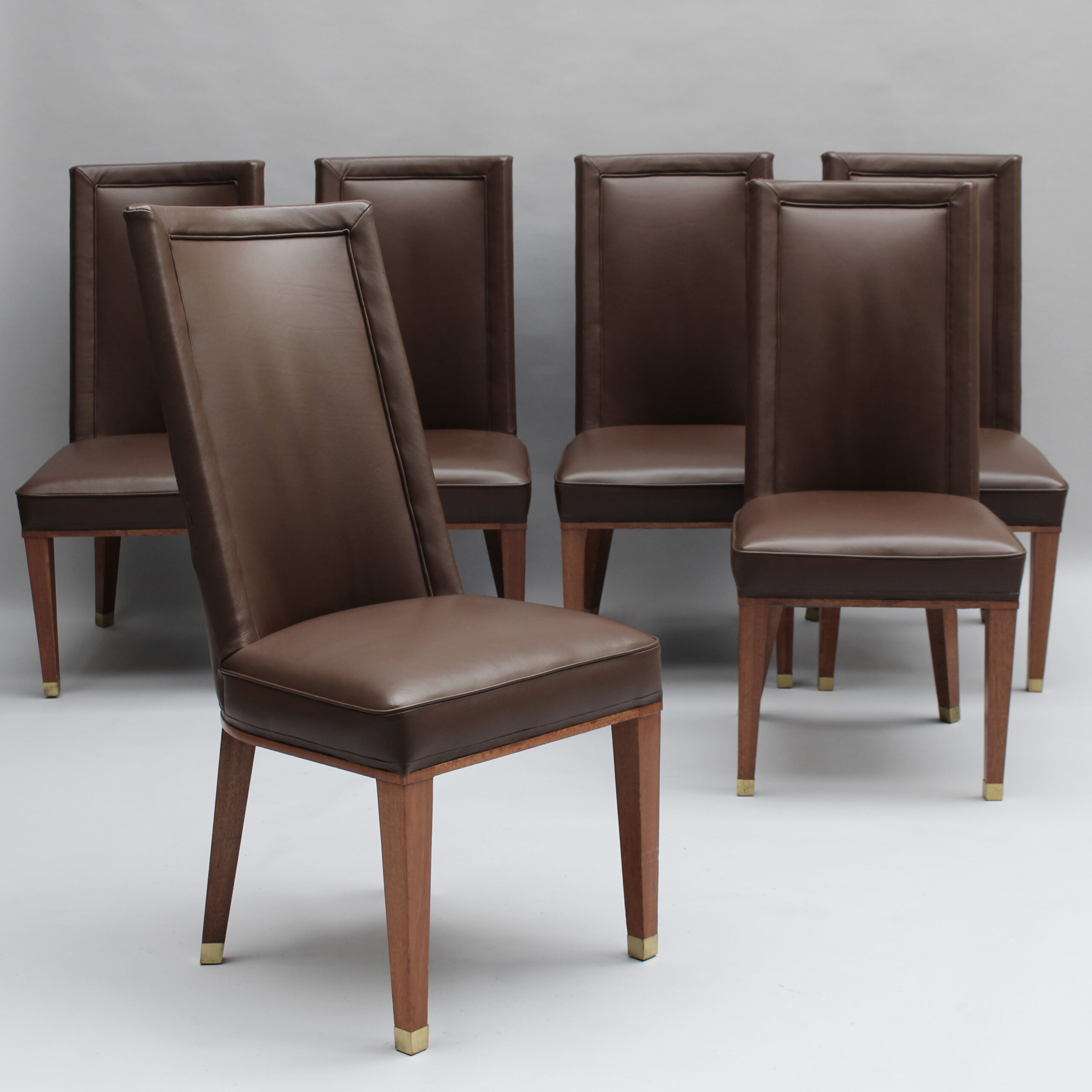 Set of 12 Fine French 1950s Mahogany and Leather Dining Chairs by Jacques Adnet - Image 17