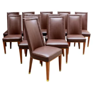 Set of 12 Fine French 1950s Mahogany and Leather Dining Chairs by Jacques Adnet