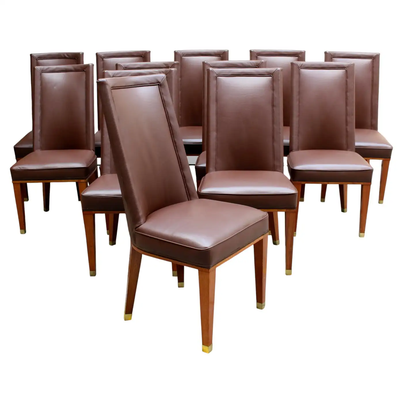 Set of 12 Fine French 1950s Mahogany and Leather Dining Chairs by Jacques Adnet