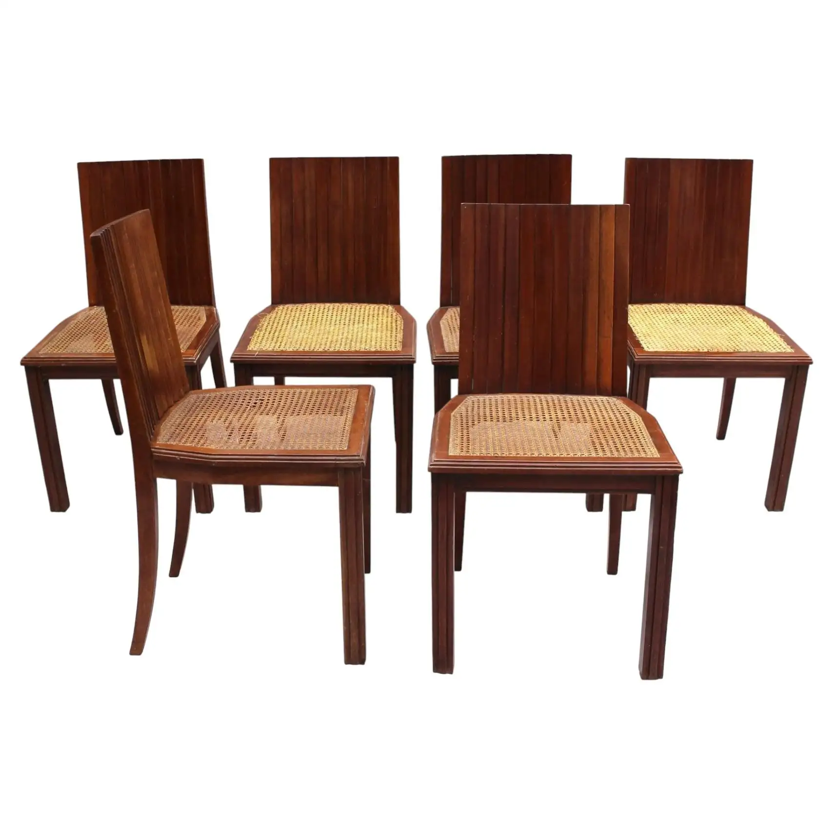 6 Fine French 1940s Solid Mahogany and Cane Side Chairs