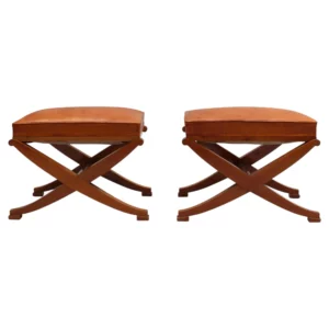 Pair of Fine French Cherry Wood and Leather X-Form Stools by André Arbus