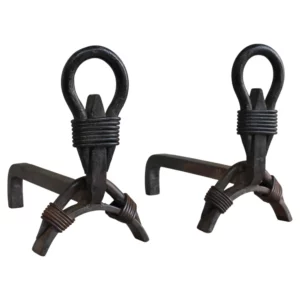Pair of Small French 1950s "Knots" Wrought Iron Andirons
